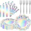 2 x Iridescent Silver Party Plates and Napkins Set 20 Pieces, 7 Inch Flower Silver Paper Plates Disposable with Forks Napkins, Iridescent Party Supplies for Birthday Wedding Bridal Shower Graduation