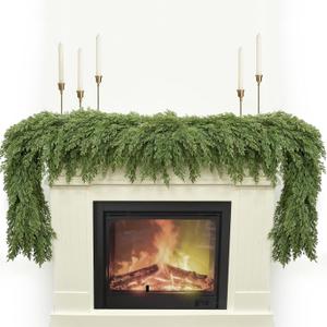 6FT Christmas Garland, Real Touch Cypress Pine Garlands, Green Artificial Cedar Garland Christmas Decorations for Home, Dining Table Mantel Porch Wall Stairs Winter Xmas Decor