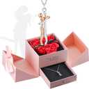 Gifts for Him Her Boyfriend Girlfriend, Preserved Faux Roses with Couple Hug Necklace, Wedding Anniversary Birthday Gift for Women, Romantic Valentine's Day Christmas Gifts to Mother Couples Wife (Pink box + Rose gold necklace)