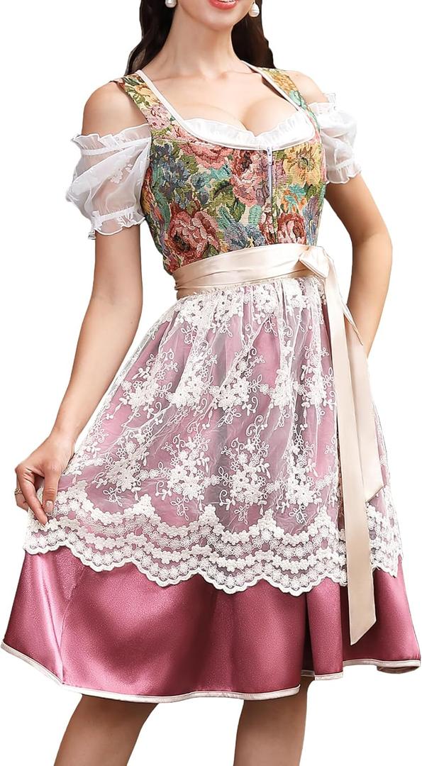 Clearlove Women's Oktoberfest Costumes 3 Piece Outfit Dirndl Dress for Floral German Beer Bavarian Carnival Dresses (XXL)