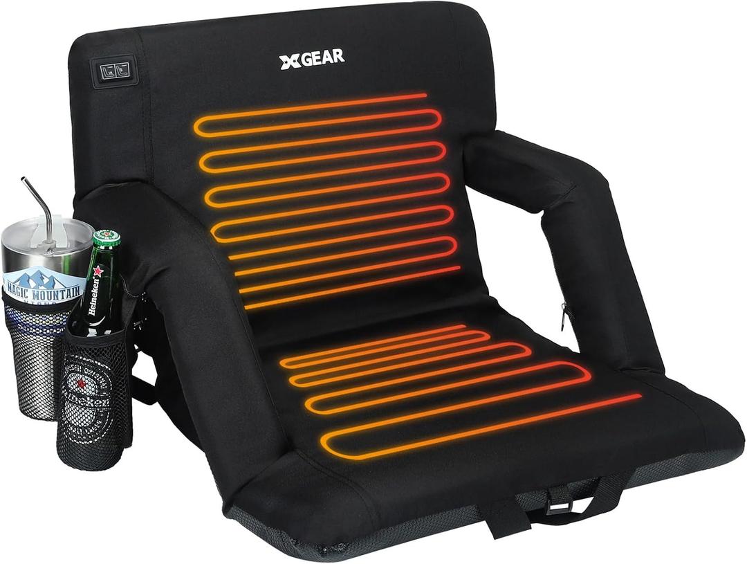 XGEAR Heated Stadium Seats with Back Support Water Resistant and Lightweight Stadium ChairUpgraded 3 Levels of Heat 6 Reclining Positions Adjustable Foldable Chair (23.5'' Wide)