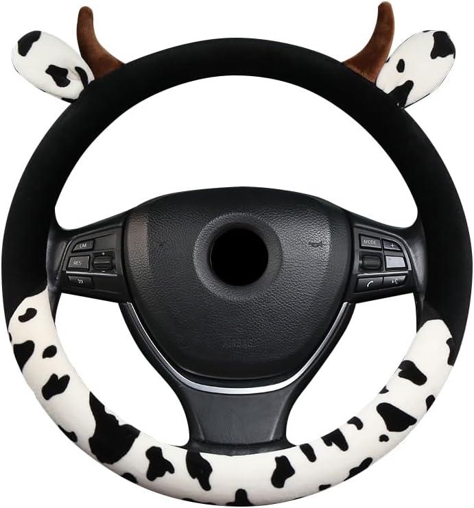 Cow Plush Car Steering Wheel Cover Universal Fit 15in Non-Slip Cute Cow Print Steering Wheel Protector Pad Soft Elastic Circular Steering Wheel Car Decor for Auto SUV Sedan Van Truck Men Women (Black)