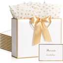 PASEOTA 12.6" Gift Bags Medium Size Set of 10 - Includes Tissue Paper, Cards & Ribbons, Luxury Gift Bags with Handles for Bridesmaid Wedding Birthday (12.6" x 9.8" x 3.9", White Gold)