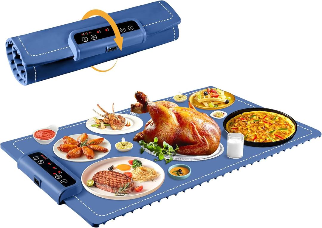 Food Warming Mat- Foldable Warming Mat for Food with Adjustable Temperature Control Time Moders Locking Function Electric Warming Tray for Parties,Home,Travel,Buffet Blue