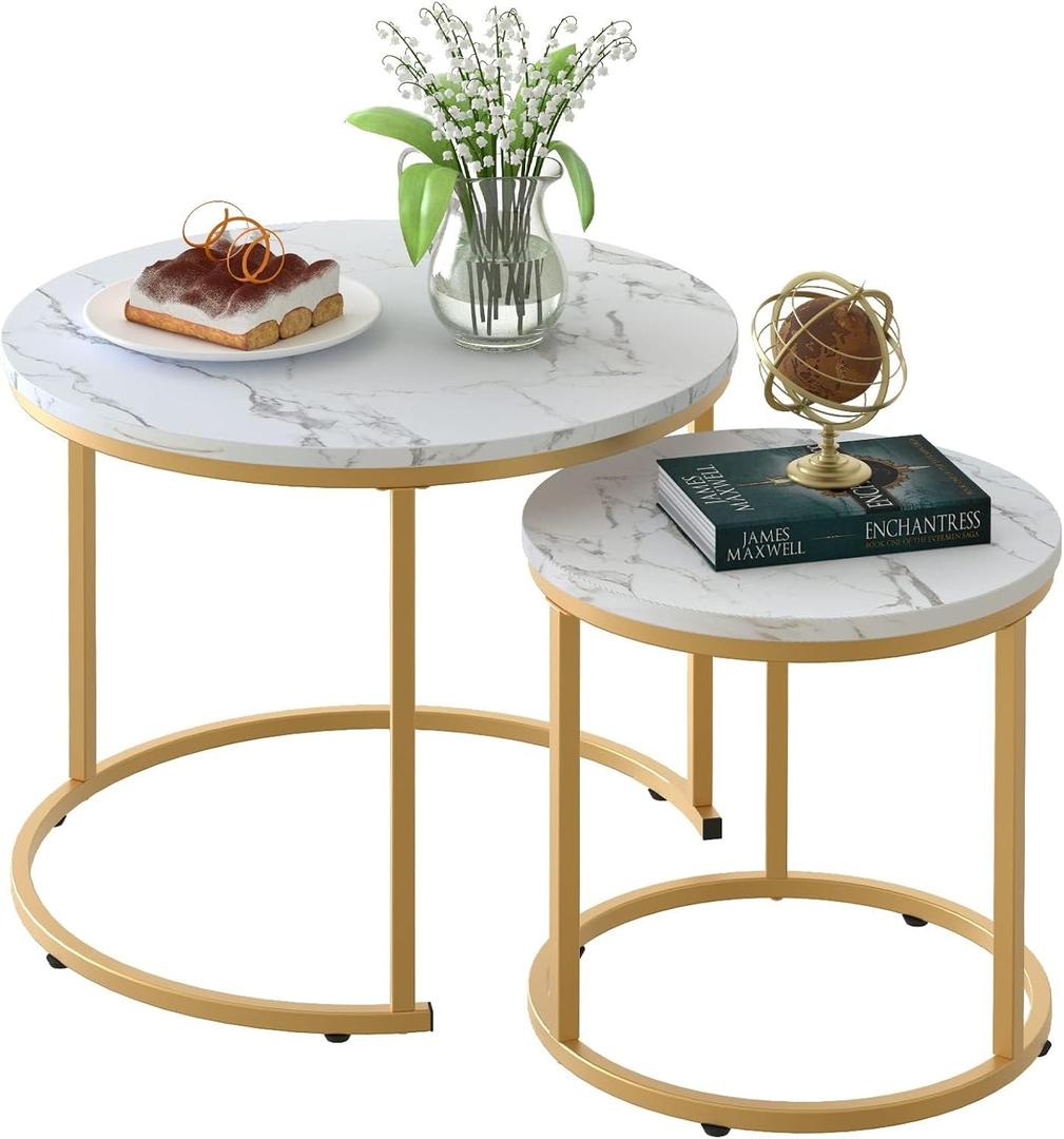 Aboxoo Coffee Table Nesting White Set of 2 Side Set Golden Frame Circular Round and Marble Pattern Wooden Tables, Living Room Bedroom Apartment Modern Industrial Simple Nightstand
