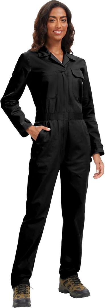 WORK IDEA Women's Long Sleeve Coveralls - 100% Cotton Work Jumpsuits Action Back And Utility Pockets with Hook L