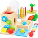 Kizfarm Wooden Montessori Baby Toys, 8-in-1 Wooden Play Kit Includes Object Permanent Box, Coin Box, Carrot Harvest, Shape Sorting & Stacking - Christmas Birthday Gift for Boys Girls Toddlers