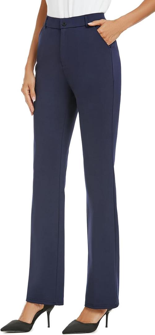 Women's Stretchy Straight Leg Dress Work Pants Business Office Casual Slacks with Pockets, Size 10, Navy