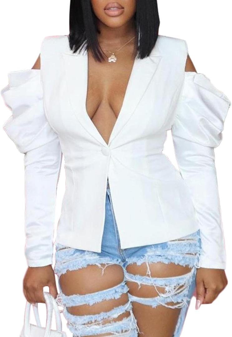 LKOUS Women's Fall Sexy Blazers,Puff Long Sleeve Lapel Open Front Work Office Suit Jacket (White, Large)