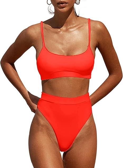 MELYUM High Waisted Bikini Sets for Women Two Piece Swimsuit Tummy Control Bathing Suit Cheeky Bottoms Push Up Top, Light Orange, S