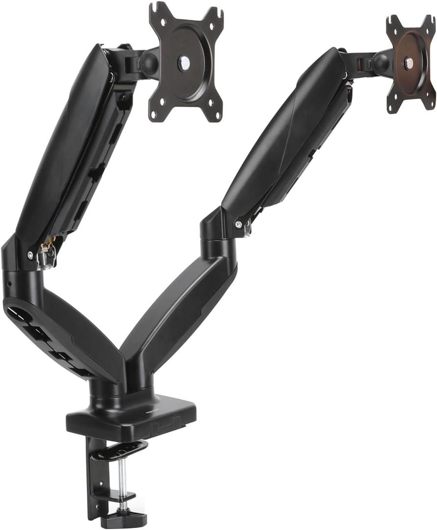 Amazon Basics Gas Spring Dual Computer Monitor Arm Desk Mount, Adjustable, Holds up to 27" Monitors, Black