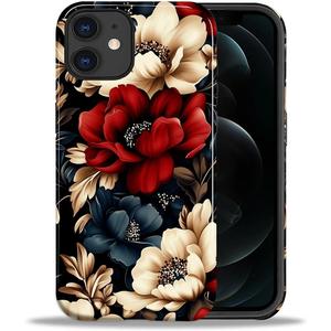 Case for iPhone 11,Shockproof Hard Shell + Soft Silicone 2 in 1 Hybrid,Shockproof Bumper Drop Protective - Black Red Flowers