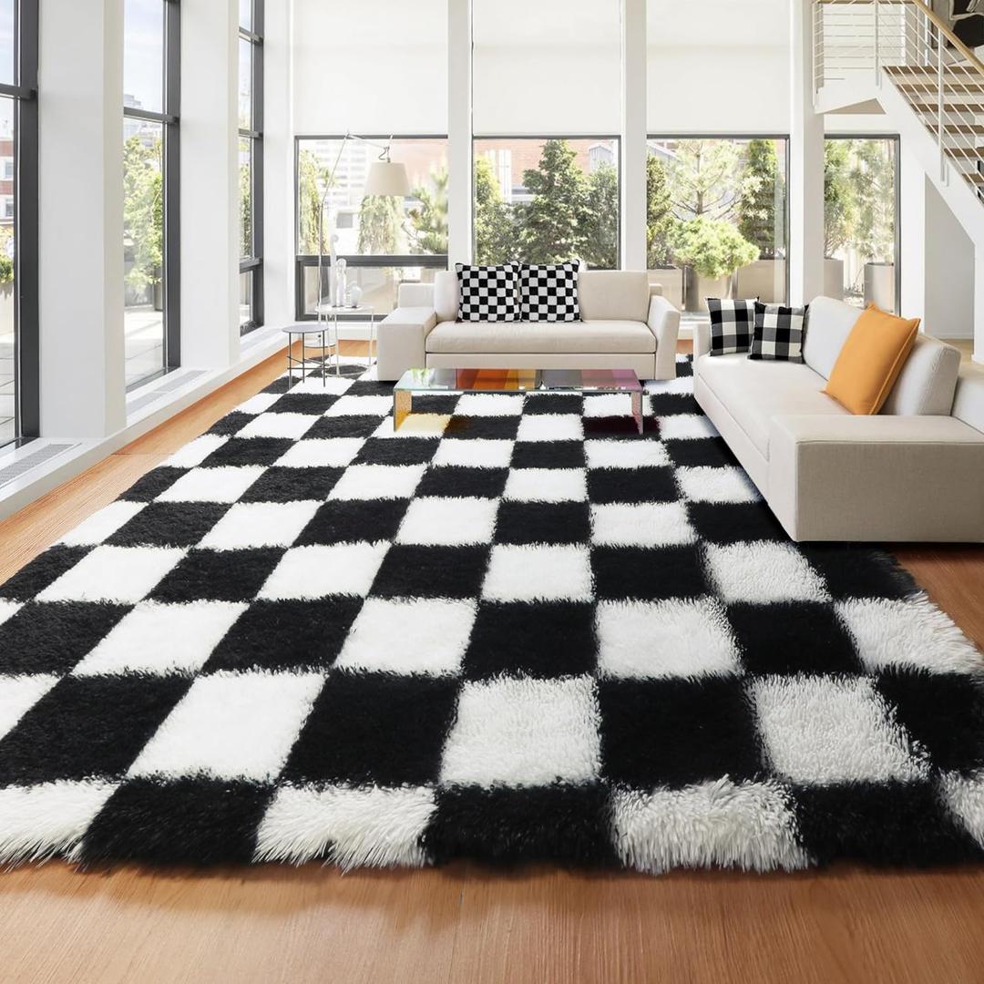 KICMOR 8x10 Area Rugs for Living Room, Large Fluffy Rug for Bedroom, Soft Plush Black and White Checkered Rug Big Fuzzy Shag Shaggy Carpets for Boys Girls Teen Room Dorm Nursery Home Decor Aesthetic (8' x 10', Black / White)