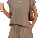 AUTOMET Womens Crew Neck Two Piece short Sets Cap Sleeve Drawstring Summer Sweatsuit with Pocket Large
