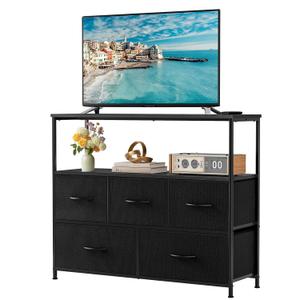 TV Stand with 5 Fabric Drawers, Dresser for Bedroom Entertainment Center for 45 inch TV Storage Organizer with Open Shelf, Wooden Media Console Table for Living Room, Bedroom, or Small Space, Black
