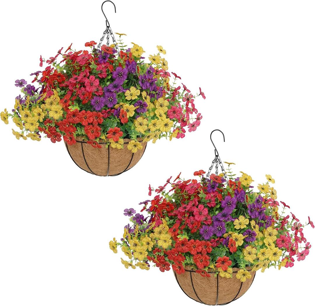 Senjie 2 Set Artificial Hanging Flowers with Basket for Outdoor Decor, UV Resistant 24 Bundles Faux Flowers Fake Hanging Planter for Porch Patio Balcony