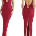 Women Sexy Backless Dress V Neck Sleeveless Open Back Split Maxi Dress Party Cocktail (Large, Red)