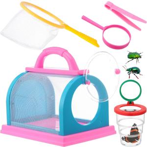 5 Pcs Bug Catcher for Kids Bug Catcher Kit Outdoor Toy Gift with Bug Collector Insect Viewer Butterfly Net Magnifying Glass Tweezer Kid Bug Habitat Outdoor Explorer Kit(Blue and Pink)