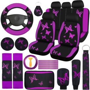 BBTO 43 Pcs Butterfly Car Seat Full Set Butterfly Car Accessories for Women 5 Front Rear Seat Covers Wrist Strap 2 Pcs Cup Mat Armrest Pad 2 Belt Cover Accessories for SUV, (Purple, Black)