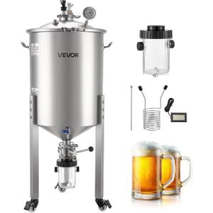 VEVOR Pressure Fermenter 15 PSI, 16 Gal/60L All-in-One Stainless Steel Conical Secondary Fermentation Bucket, with Cooling Tube, Yeast Slurry Collection Bottle, for Wine, Beer Brewing Equipment