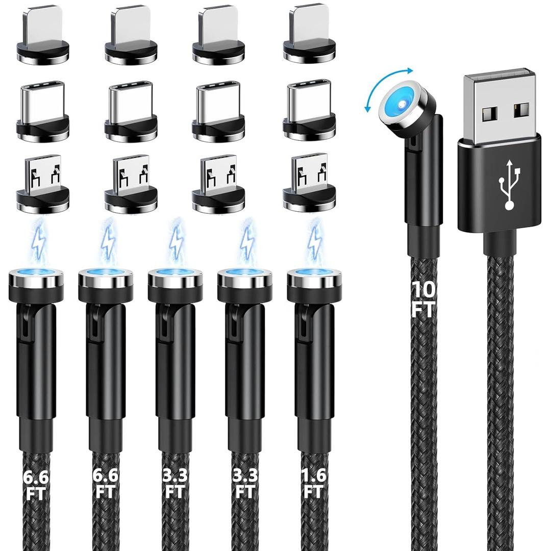 Magnetic Charging Cable, 540 Rotation Magnetic Phone Charger (6-Pack,1.6ft/3ft/3ft/6ft/6ft/10ft) 3 in 1 Magnet Phone Charger Magnetic USB Cable for iProduct/Micro USB/Type C Device (BLACK)