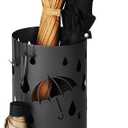 SONGMICS Umbrella Stand, Metal Umbrella Holder for Entryway, with Water Tray and 4 Hooks, 6.7 x 6.7 x 16.1 Inches, Round, Ink Black ULUC024B01