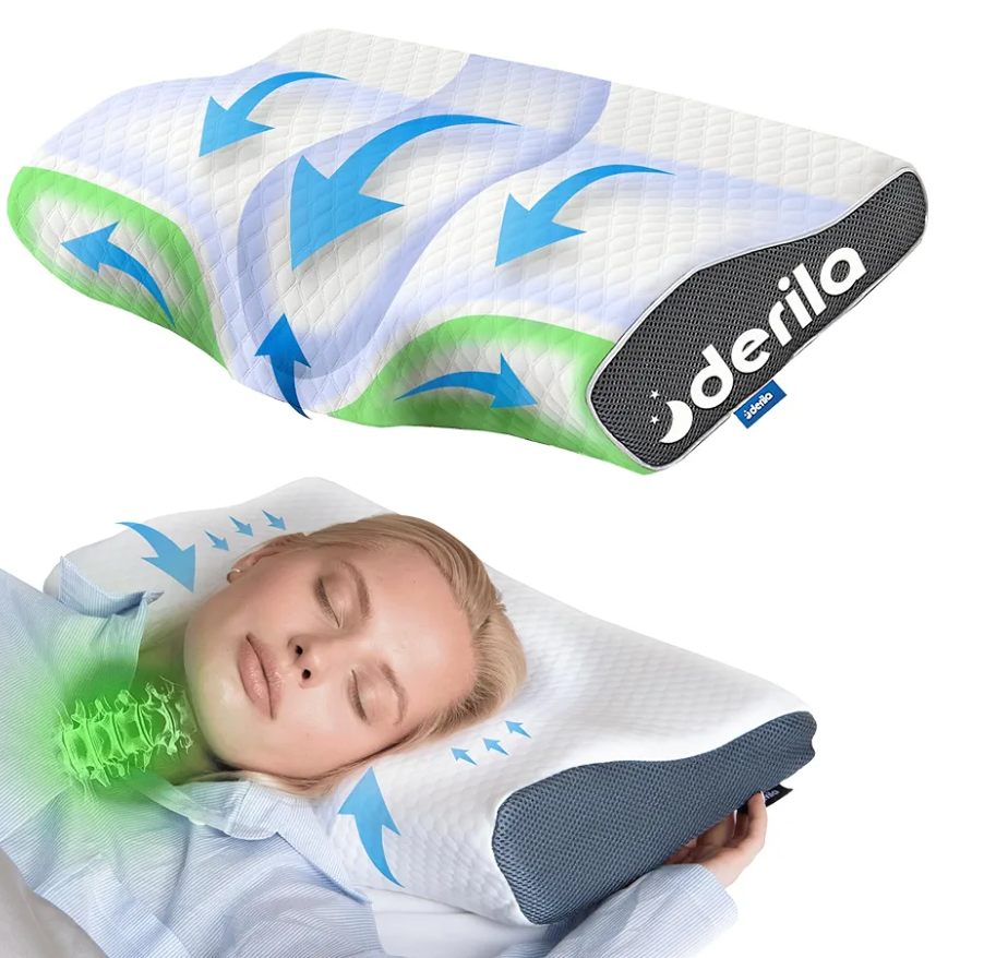 Derila King Size Neck Pillow for Sleeping, Ergonomic & Cervical Pillow for Neck Support & Relief, Memory Foam Side Sleeper Pillows, Bed Contour Pillows for Back, Stomach Sleepers