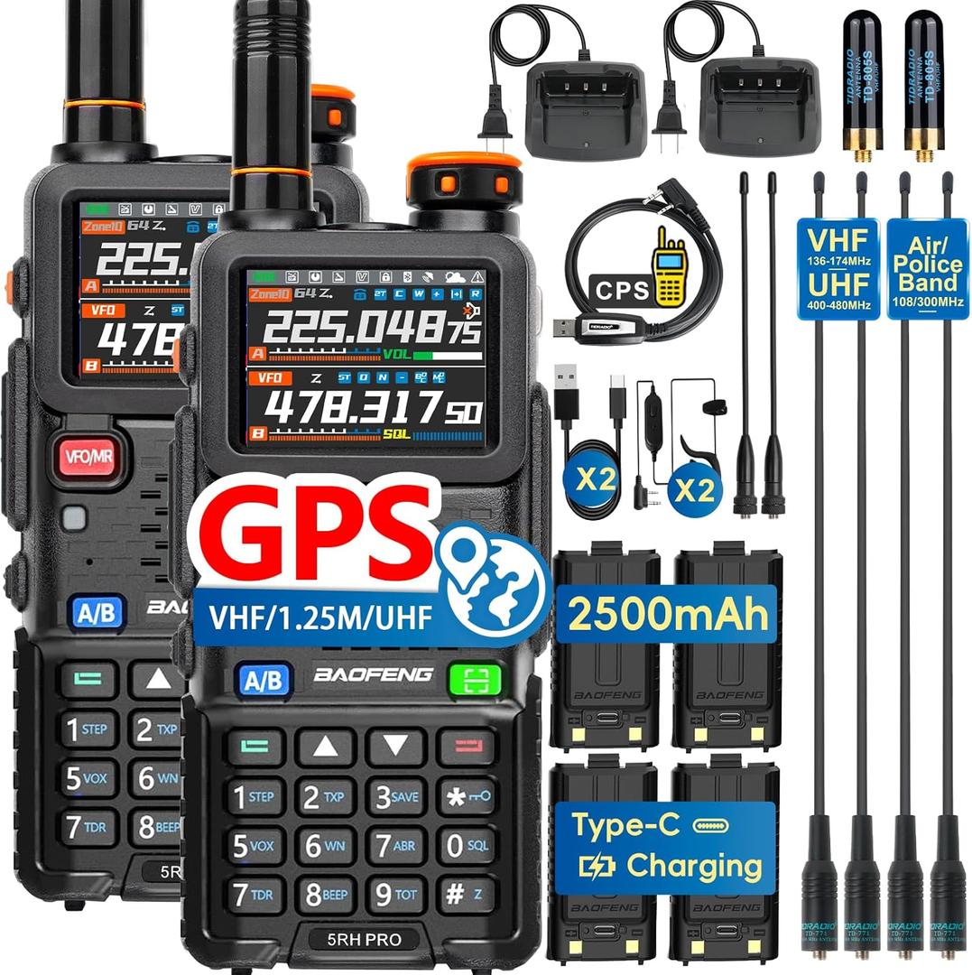 Ham Radio BAOFENG Radio 5RH PRO GPS APRS 10W High Power(4PCS Batteries, 8 Antennas) Walkie Talkies Long Range, Air Band, NOAA Emergency Weather Alarm for Survival Gear Hunting Camping 2 Pack Full Kit