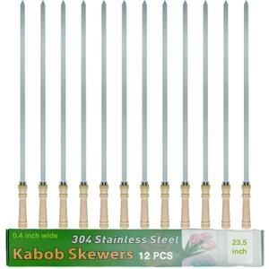 23.5" Large Skewers for Grilling,304 Stainless Steel 0.4 inch Wide Kabob Skewers with Wooden Handle,Heavy-Duty Flat Metal Kebab Skewer,BBQ Barbecue Skewer Reusable for Outdoor Grill-12PCS