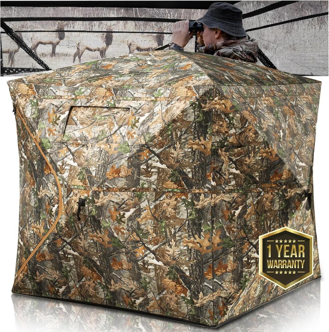 HUNTSEN Hunting Blind 270 Degree See Through Ground Blind - 2-3 & 3-4 Person Pop Up Deer Blind for Hunting with Carrying Bag - 300D Reinforced Portable Durable Blind for Turkey and Deer