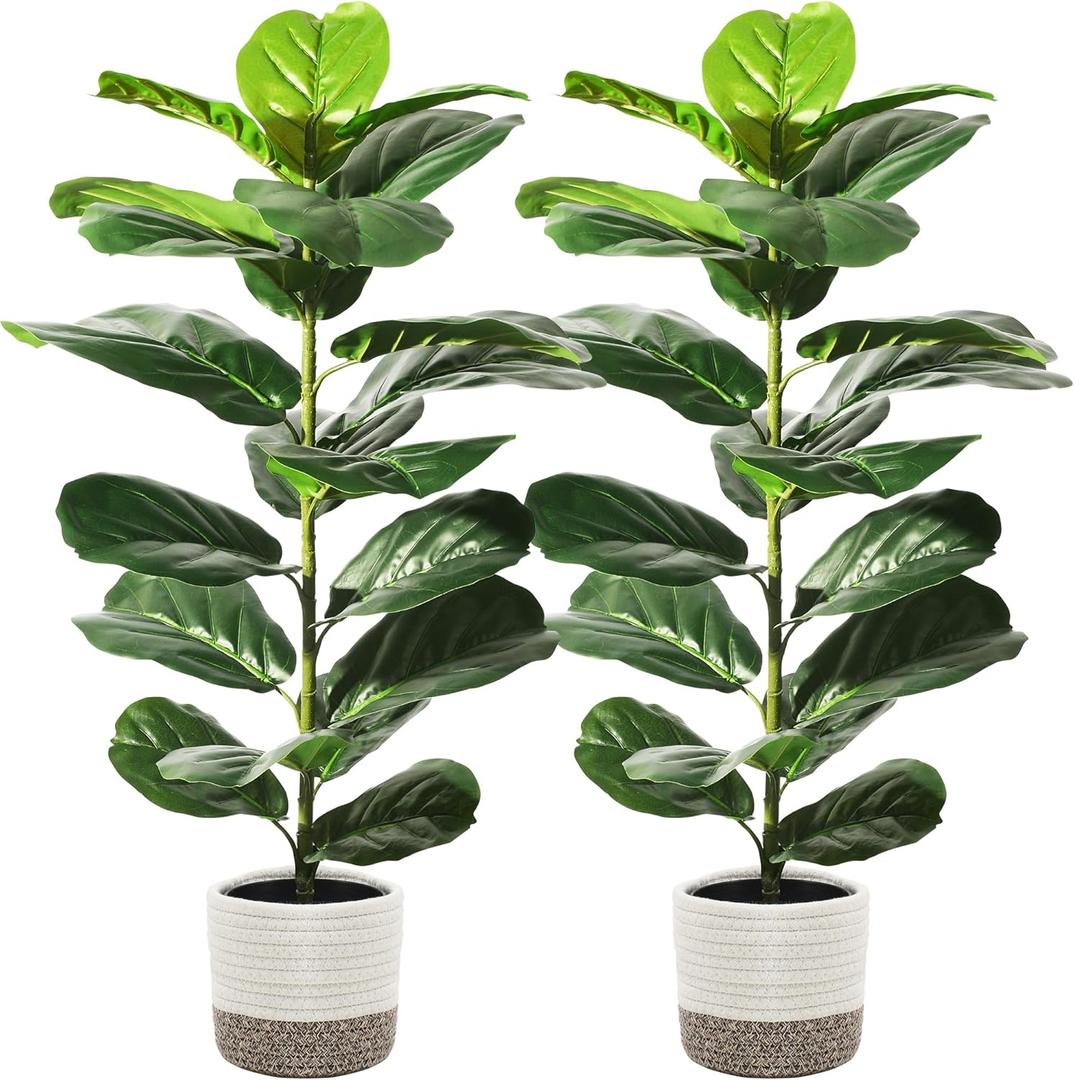 Suntee 2 Pack Artificial Fiddle Leaf Fig Tree, 30" Ficus Lyrata Fake Plants with Cotton Rope Basket, Floor Plant Outdoor Faux Plants for Living Room, Corner, Office, Patio, Windowsill Decor (White and Brown Baskets)