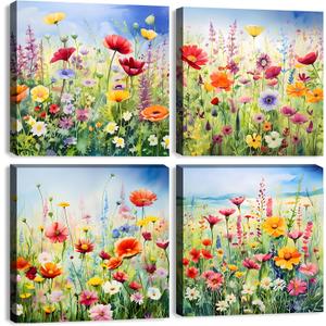 Colorful Wildflower Canvas Wall Art,Watercolor Floral Pictures Wall Decor,Nature Scenic Canvas Posters,Daisy Landscape Paintings Artwork for Bathroom Bedroom Home Decoration(12x12Built-in frame)
