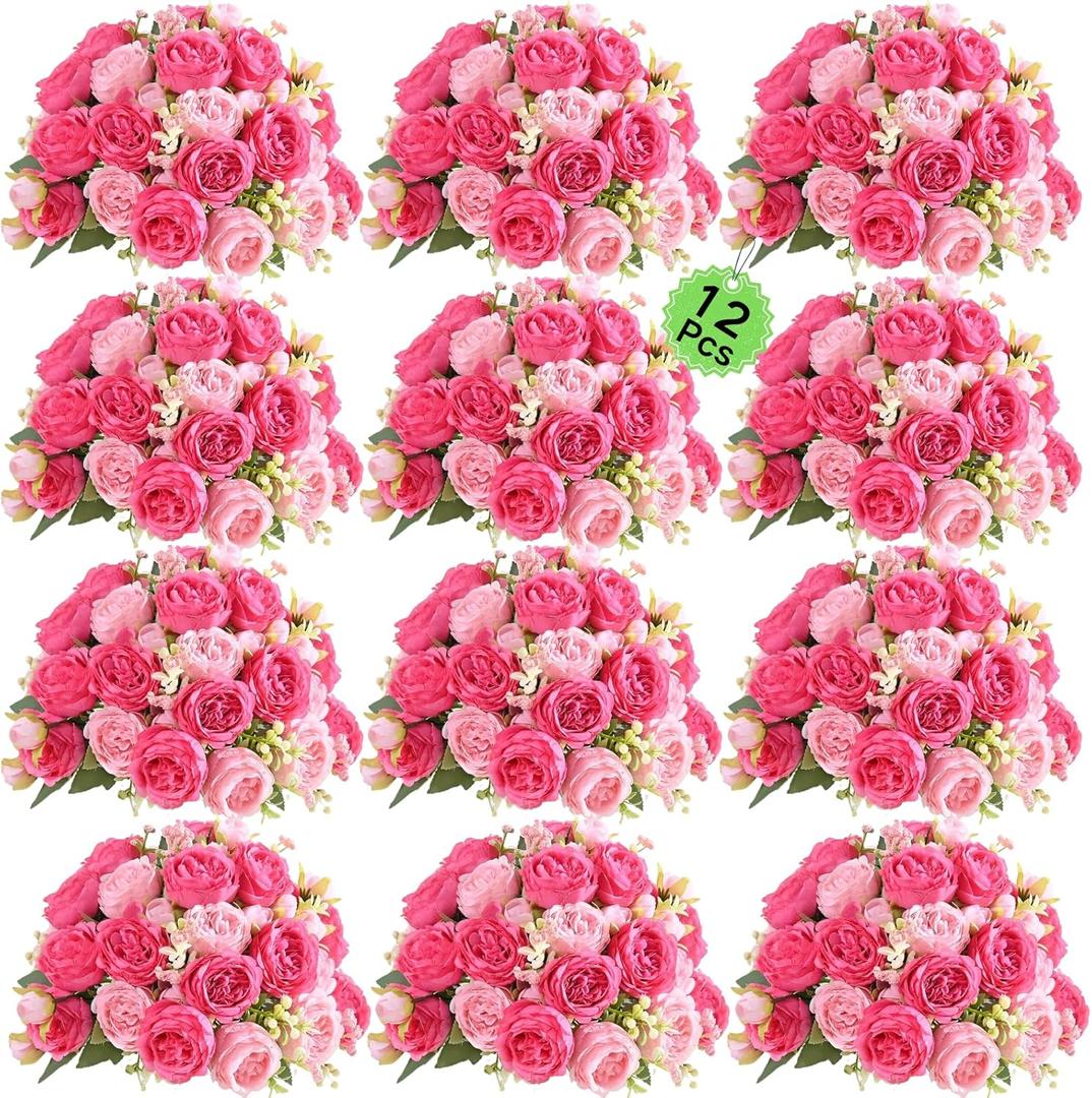 ASTRYAS 12Pcs Artificial Peony Flower Silk Peonies, Mixed Pink Artificial Peonies Flowers Fake Peonies Faux Peonies Bouquet for Centerpiece Table Wedding Party Home Decor