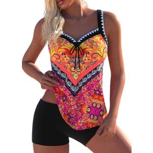 Modlily Bowknot Tankini Swimsuits for Women, Tribal Print Two Piece Bathing Suits, Chic Top with Boy Shorts, Size XL