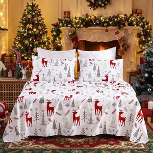 Christmas Flannel Sheets King, 100% Cotton Holiday Bed Sheet Set, Deep Pocket Fitted Sheet, Soft Warm Brushed Christmas Sheet (King Size, Forest Deer) (Gray)