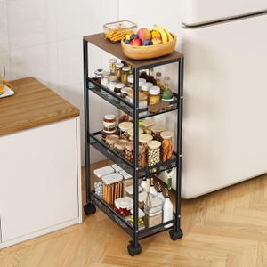 Utility Slim Storage Cart, 4 Tier Rolling Cart with Wheels, Laundry Shelves with Wood Top, Narrow Cabinet for Bathroom Organization, Small Organizer for Kitchen, Office and Dorm (Black, 9.1'')