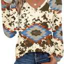 Western Cowgirl Shirts for Women Aztec Long Sleeve Shirt Boho Cow Graphic Tees Country Concert V Neck Loose Fit Tops Size S