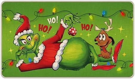 Pycat Green Christmas Decorative Front Door Mat, Xmas Max Dog Hohoho Doormat Indoor Outdoor Non-Slip Floor Entryway Rug, Funny Holiday Home Kitchen Decoration 17x29 Inch
