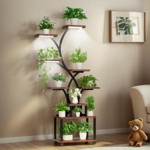 Artswish Plant Stand Indoor with Grow Lights, 8 Tiered Plant Shelves 63" Tall Plants Stands for Multiple Plants, Lighted Plants Stands Indoor Plants Rack for Living Room, Patio, Balcony (Black & Walnut)