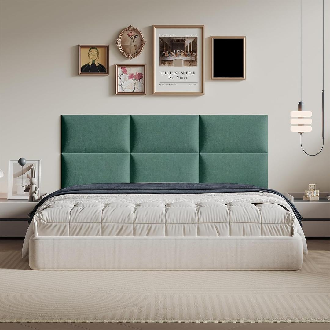 6-Piece Green Linen Upholstered Headboard Twin Size, Wall Mounted Nature-Inspired Fabric Headboard, Calming Padded Panels for Bedroom