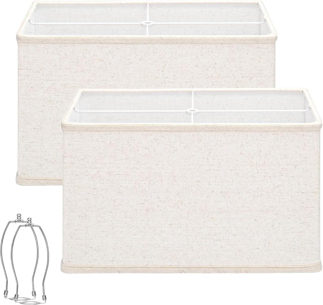 Rectangle Lamp Shades Set of 2, 16"L x 8"W x 10"H Large Beige Lampshades for Table Lamps Floor Lamps, Natural Linen Lamp Shade Replacement, Spider, Harp Holders Included, Easy Assembly Required