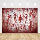 7x5ft Halloween Bloody White Brick Wall Backdrop Handprint Bloodstain Photography Background Scary Blood Splatter Horrible Halloween Party Decorations Banner Photo Props