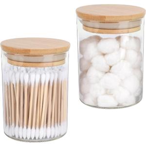 2 Pack Glass Qtip Holder Dispenser Set - Apothecary Jars with Lids for Vanity Makeup Organizer - Bathroom Canister Storage Organizer for Cotton Ball, Swab, Round Pads,Floss