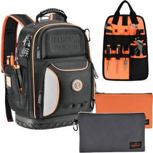 Tool Bag Backpack with 2 Canvas Tool Pouch Tool Kit, 75 Pockets & Loops Heavy Duty Tools Organizer/HVAC Tool Carrier for Eelectrician/Construction Work with Molded Base and Combination Lock, Black