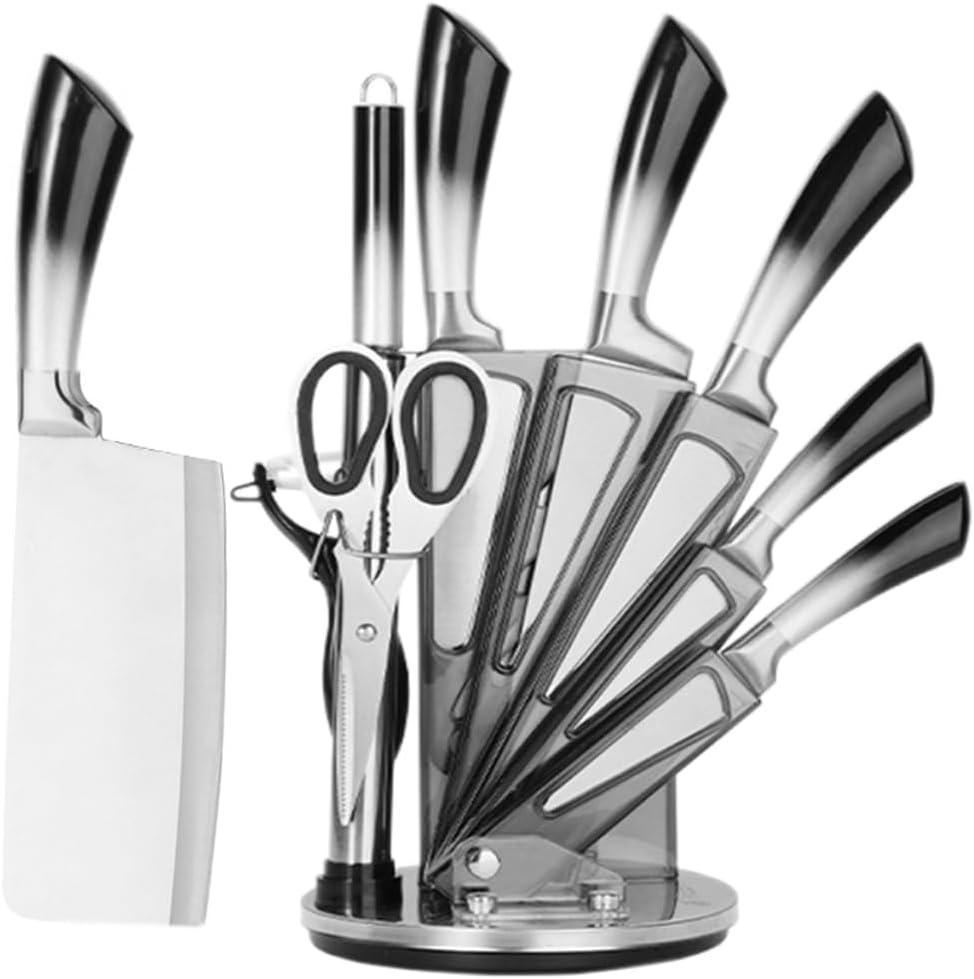 Knife Set Stainless Steel Cleaver Knives Set with Rotatable Acrylic Storage Block Sharpener Sharp Cutlery Kitchen Knife Block Set Chef Cooking Cutting Knives (Black)