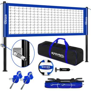 Outdoor Portable Volleyball Net Set with Adjustable Height Steel Poles, Volleyball, Anti-sag Winch System, Pump, Boundary Line, and Carry Bag for Backyard, Beach, Lawn, Blue