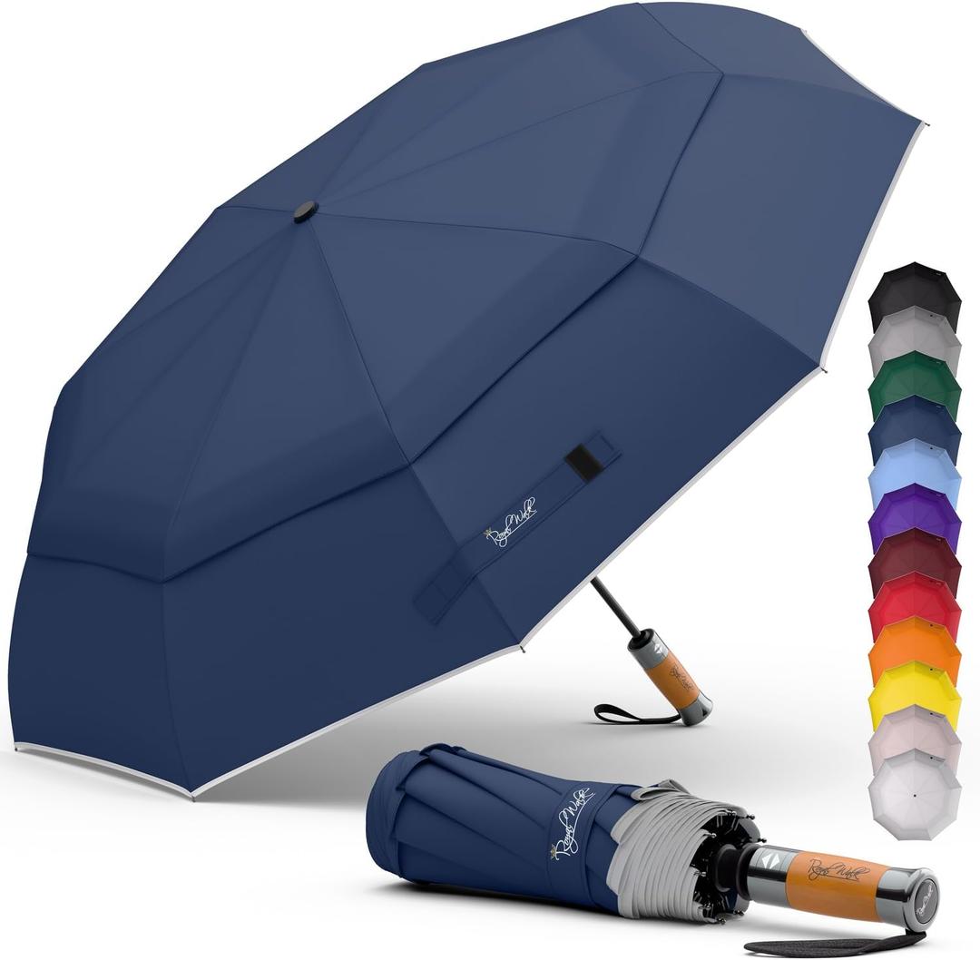 Royal Walk Windproof Folding Travel Umbrella Compact and Strong Luxurious Real Wood Handle Automatic Open Close Vented Double Canopy for Men and Women (Dark Blue)