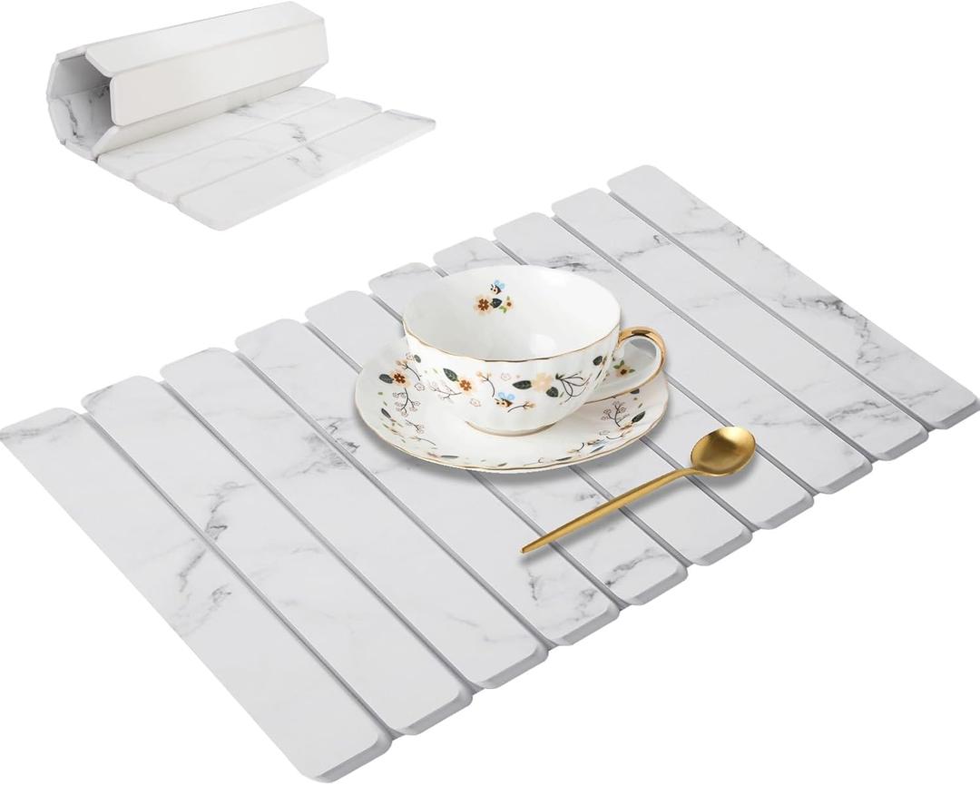 Diatomaceous Earth Stone Dish Drying Mat for Kitchen Counter and Sink - Quick Dry Absorbent Foldable Large Rack (White, 24W*16L)