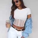 REORIA Women's Sexy Round Neck Short Sleeve Tees Summer Sheer Mesh T Shirt Trendy Y2K Going Out Crop Tops (White, L)