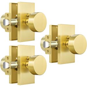 Satin Brass Privacy Door Knobs, 3 Pack Zinc Alloy Heavy DutyDoor Knob, Brushed Gold Door Knobs Interior, Rectangular Modern Door Knob for Bedroom, Bathroom